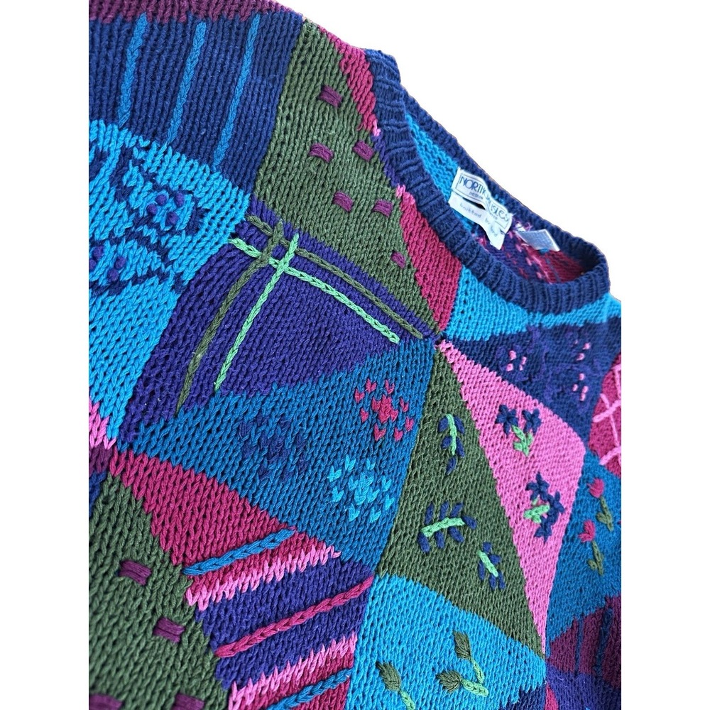 Vintage 90s Northern Isles Hand Knit Patchwork grandma Sweater XL Cottagecore